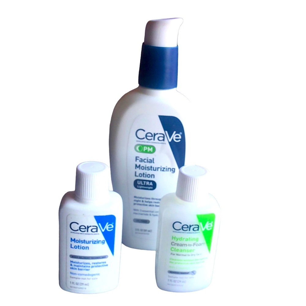 CeraVe PM Facial Moisturizing Lotion, 3 fl oz & (2) CeraVe Samples 1 oz ea